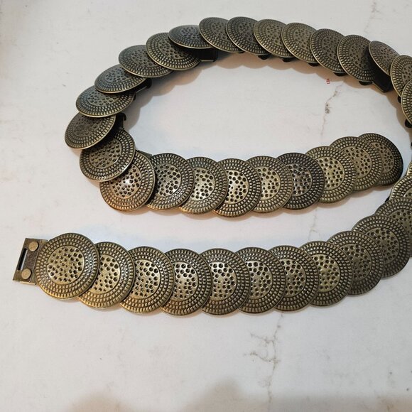 Vintage Brass Coin Stretch Belt Black Elastic Strap & Snap Closure 32 to 40" - Picture 5 of 9